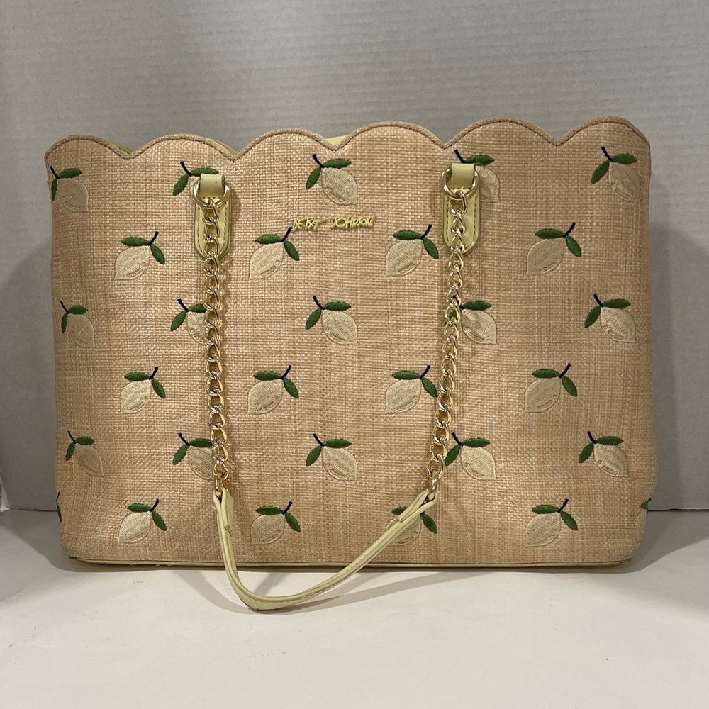 Betsey Johnson Tan Yellow and Green Embroidered Lemon Straw-Woven Tote Bag